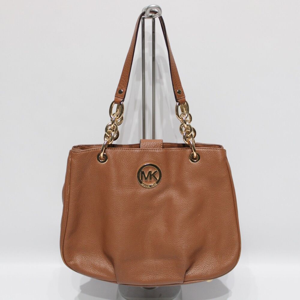 Michael Kors Fulton Gold Chain Brown Leather Shoulder Bag 14" x 8" x 4" (P1)